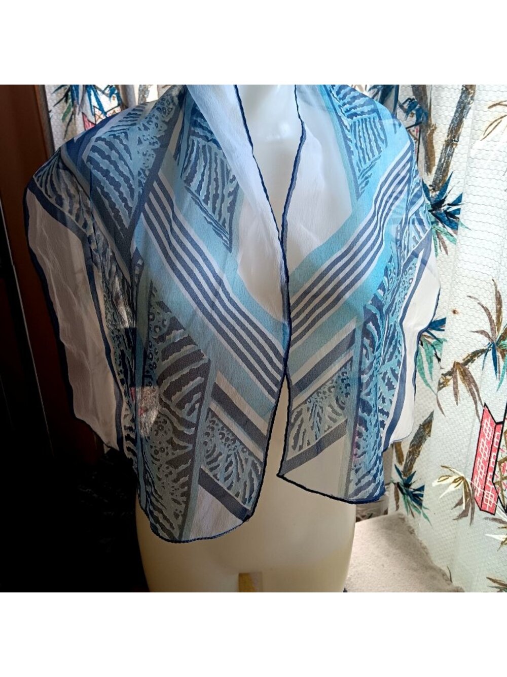 Vintage Japan 44" Sheer Blue Striped Abstract Patterned Scarf/Shawl Wrap